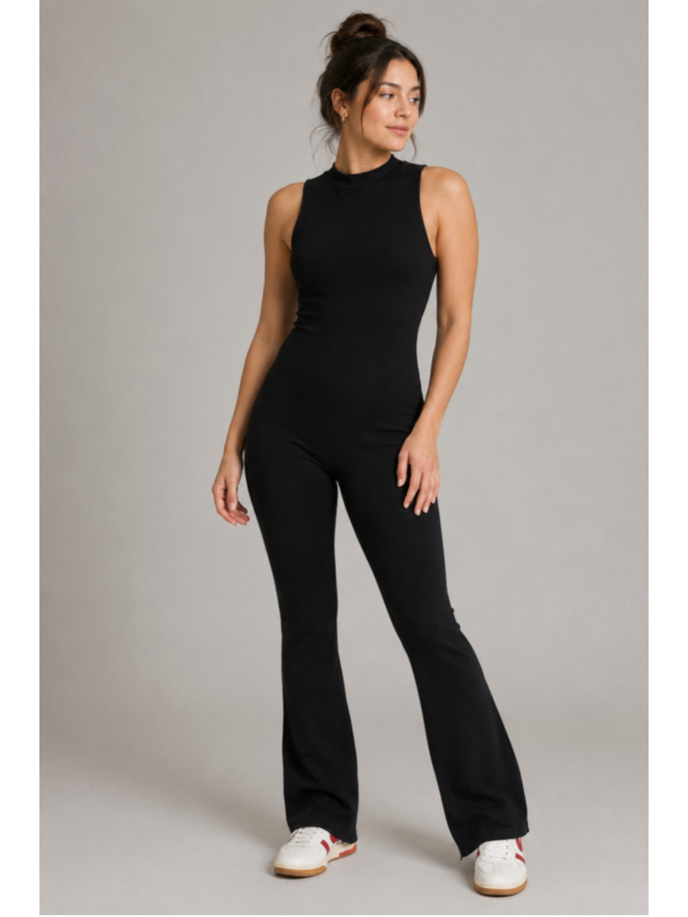 QQQ Black Ribbed Knit Mock Neck Flare Jumpsuit Size L